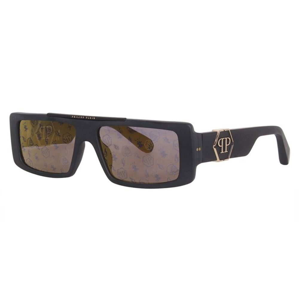 Philipp Plein Sunglasses Rectangle Full Rim, Matt Black Frame and Gold Mirror